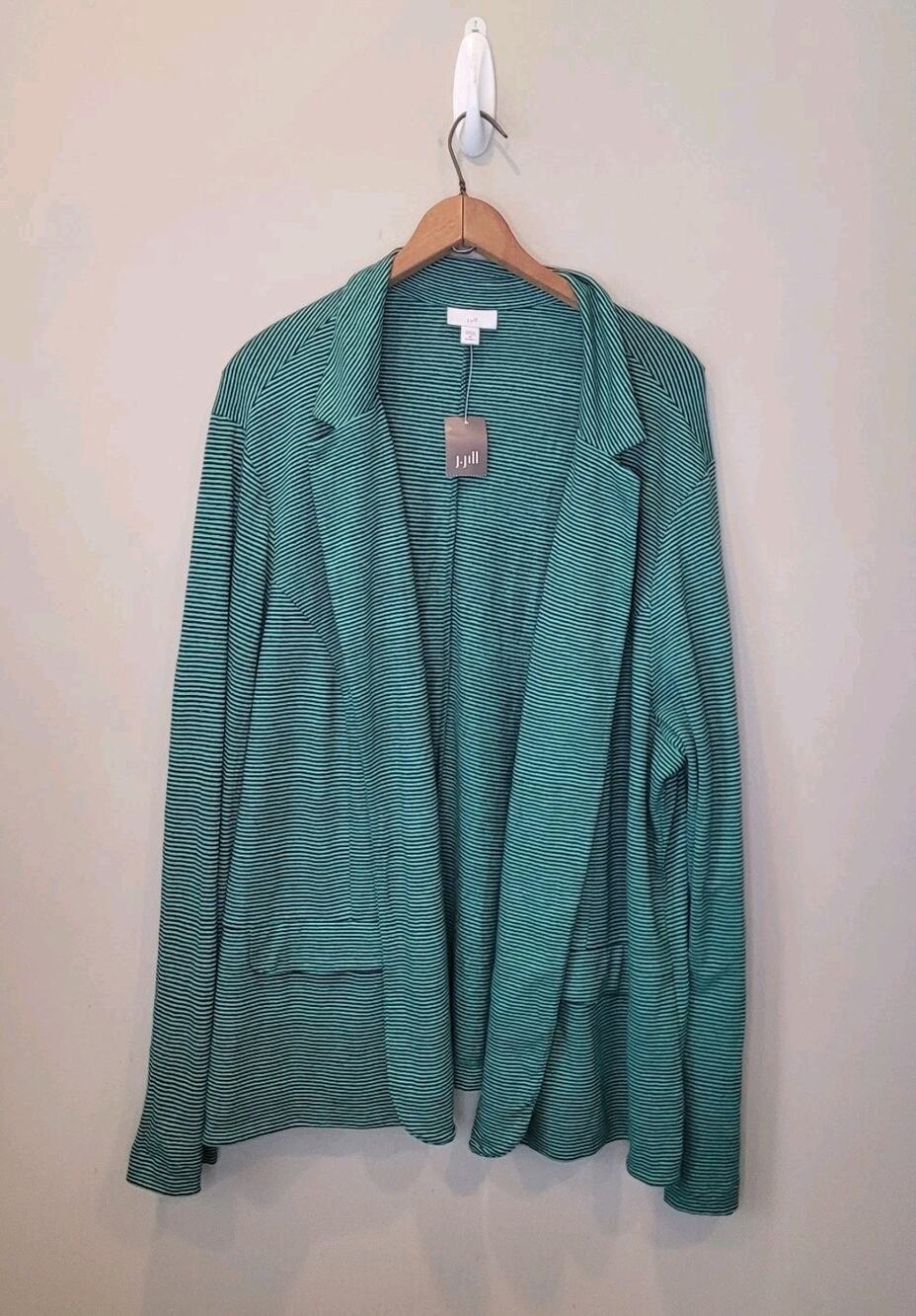 J Jill Linen Blend Green Blue Striped Open Cardigan Blazer Jacket 3X Preppy